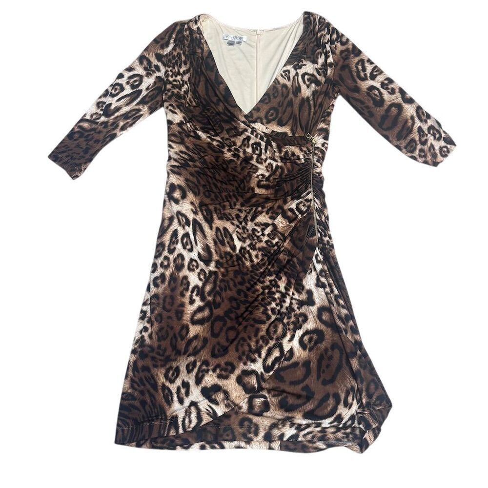 Like New Kay Unger Leopard Print Faux Wrap Dress Size 10 Knee Length 3/4 Sleeve - Picture 4 of 5